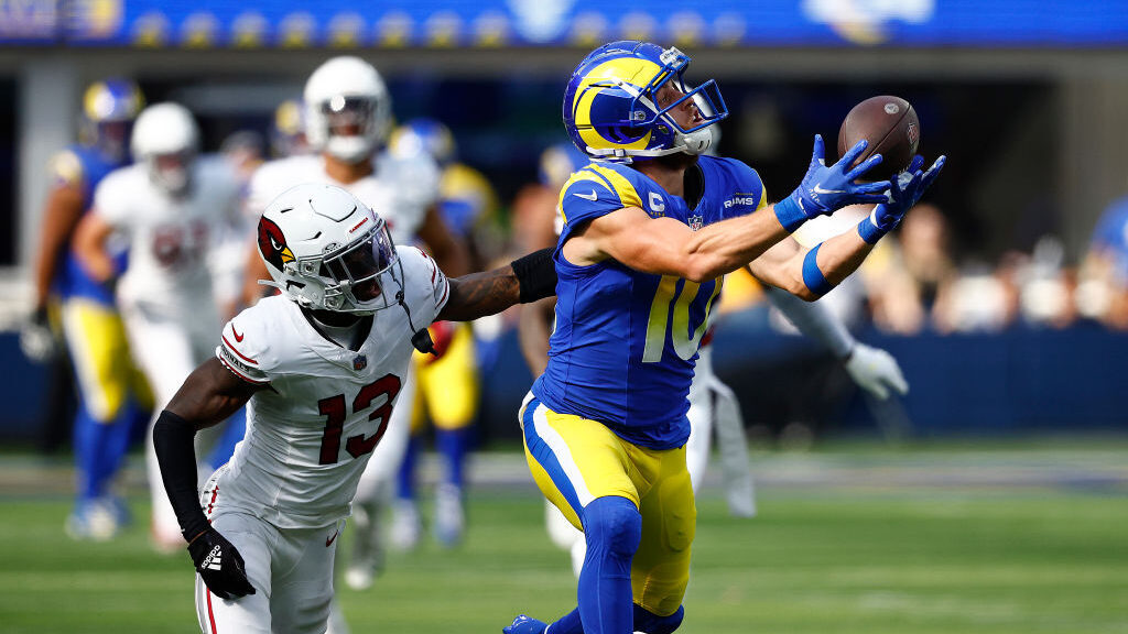 Cooper Kupp #10 of the Los Angeles Rams catches a pass against Kei’Trel Clark #13 of the Arizona ...