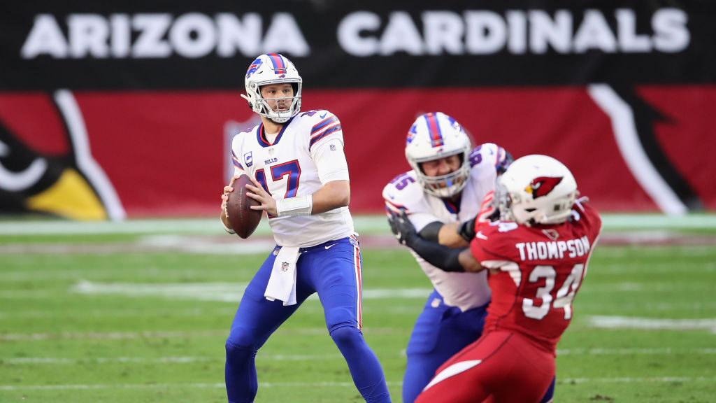 Quarterback Josh Allen #17 of the Buffalo Bills drops back to pass during the NFL game against the ...